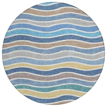 8' Blue Ivory And Gold Round Striped Washable Indoor Outdoor Area Rug
