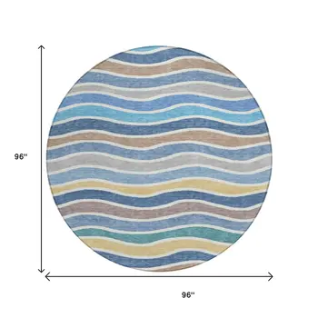 8' Blue Ivory And Gold Round Striped Washable Indoor Outdoor Area Rug