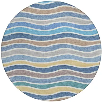 8' Blue Ivory And Gold Round Striped Washable Indoor Outdoor Area Rug