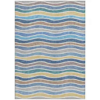 8' X 10' Blue Ivory And Gold Striped Washable Indoor Outdoor Area Rug