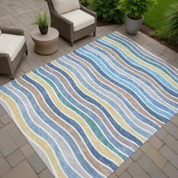 8' X 10' Blue Ivory And Gold Striped Washable Indoor Outdoor Area Rug