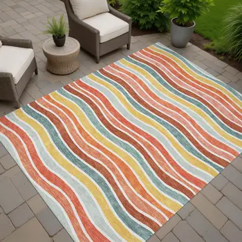 3' X 5' Coral Gold And Peach Striped Washable Indoor Outdoor Area Rug