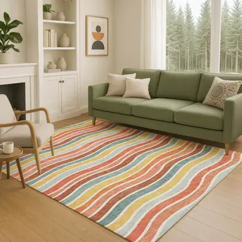 3' X 5' Coral Gold And Peach Striped Washable Indoor Outdoor Area Rug