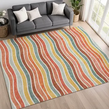 3' X 5' Coral Gold And Peach Striped Washable Indoor Outdoor Area Rug