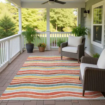 3' X 5' Coral Gold And Peach Striped Washable Indoor Outdoor Area Rug