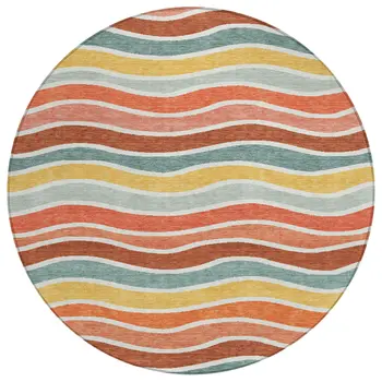 8' Coral Gold And Peach Round Striped Washable Indoor Outdoor Area Rug