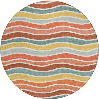 8' Coral Gold And Peach Round Striped Washable Indoor Outdoor Area Rug