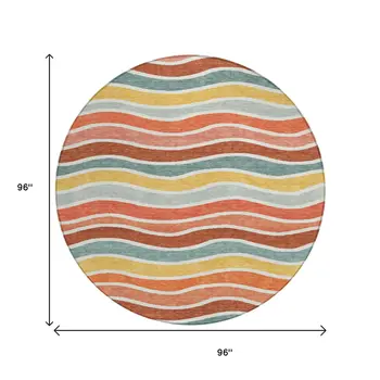 8' Coral Gold And Peach Round Striped Washable Indoor Outdoor Area Rug