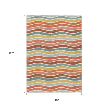 8' X 10' Coral Gold And Peach Striped Washable Indoor Outdoor Area Rug