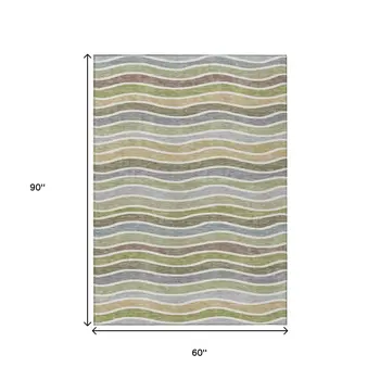 5' X 8' Fern Green Ivory And Wheat Striped Washable Indoor Outdoor Area Rug