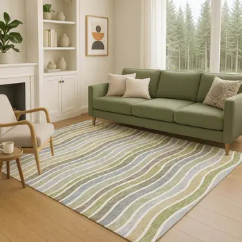 5' X 8' Fern Green Ivory And Wheat Striped Washable Indoor Outdoor Area Rug