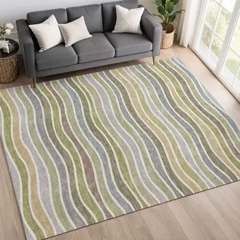 5' X 8' Fern Green Ivory And Wheat Striped Washable Indoor Outdoor Area Rug