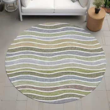 8' Fern Green Ivory And Wheat Round Striped Washable Indoor Outdoor Area Rug