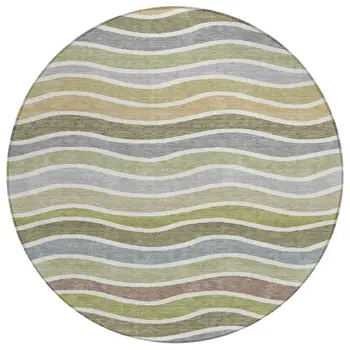 8' Fern Green Ivory And Wheat Round Striped Washable Indoor Outdoor Area Rug