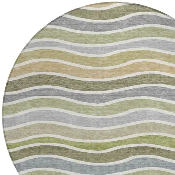 8' Fern Green Ivory And Wheat Round Striped Washable Indoor Outdoor Area Rug