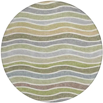 8' Fern Green Ivory And Wheat Round Striped Washable Indoor Outdoor Area Rug