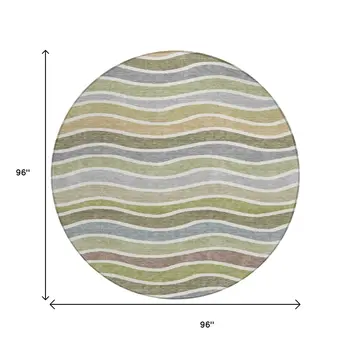 8' Fern Green Ivory And Wheat Round Striped Washable Indoor Outdoor Area Rug