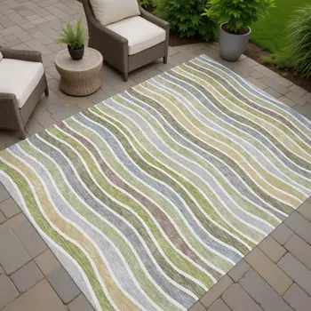 8' X 10' Fern Green Ivory And Wheat Striped Washable Indoor Outdoor Area Rug