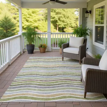 8' X 10' Fern Green Ivory And Wheat Striped Washable Indoor Outdoor Area Rug