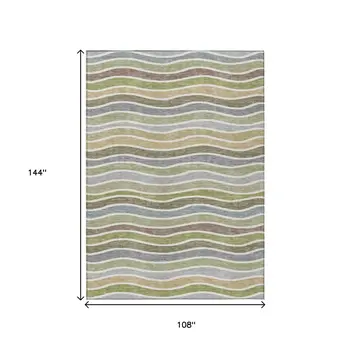 9' X 12' Fern Green Ivory And Wheat Striped Washable Indoor Outdoor Area Rug