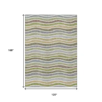 10' X 14' Fern Green Ivory And Wheat Striped Washable Indoor Outdoor Area Rug