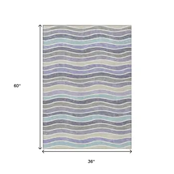 3' X 5' Lavender Tan And Ivory Striped Washable Indoor Outdoor Area Rug