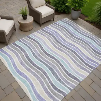 3' X 5' Lavender Tan And Ivory Striped Washable Indoor Outdoor Area Rug