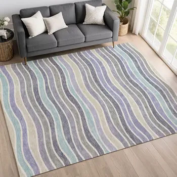 3' X 5' Lavender Tan And Ivory Striped Washable Indoor Outdoor Area Rug