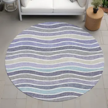 8' Lavender Tan And Ivory Round Striped Washable Indoor Outdoor Area Rug