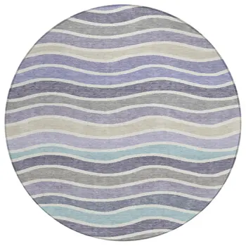 8' Lavender Tan And Ivory Round Striped Washable Indoor Outdoor Area Rug