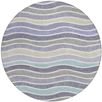 8' Lavender Tan And Ivory Round Striped Washable Indoor Outdoor Area Rug