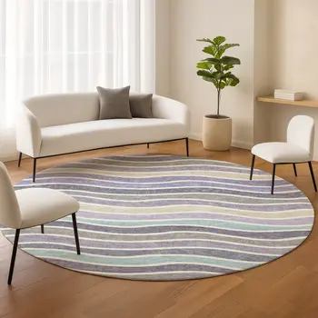 8' Lavender Tan And Ivory Round Striped Washable Indoor Outdoor Area Rug