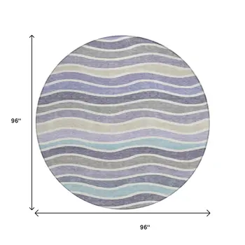 8' Lavender Tan And Ivory Round Striped Washable Indoor Outdoor Area Rug