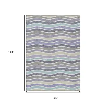 8' X 10' Lavender Tan And Ivory Striped Washable Indoor Outdoor Area Rug