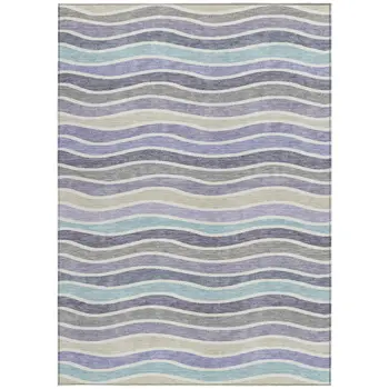 10' X 14' Lavender Tan And Ivory Striped Washable Indoor Outdoor Area Rug