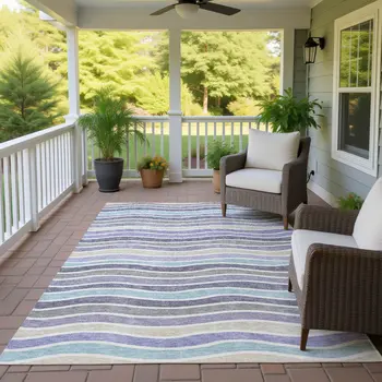 10' X 14' Lavender Tan And Ivory Striped Washable Indoor Outdoor Area Rug