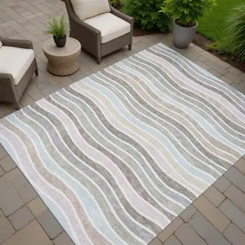 3' X 5' Tan Beige And Ivory Striped Washable Indoor Outdoor Area Rug
