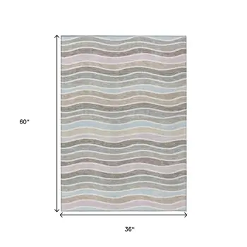 3' X 5' Tan Beige And Ivory Striped Washable Indoor Outdoor Area Rug