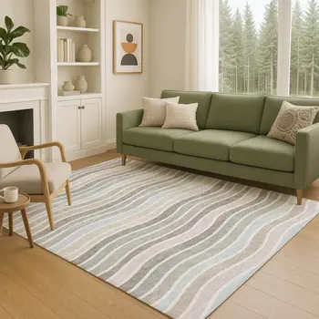 3' X 5' Tan Beige And Ivory Striped Washable Indoor Outdoor Area Rug