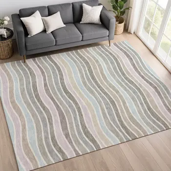 3' X 5' Tan Beige And Ivory Striped Washable Indoor Outdoor Area Rug