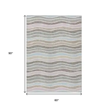 5' X 8' Tan Beige And Ivory Striped Washable Indoor Outdoor Area Rug