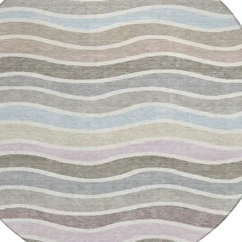 8' Tan Beige And Ivory Round Striped Washable Indoor Outdoor Area Rug