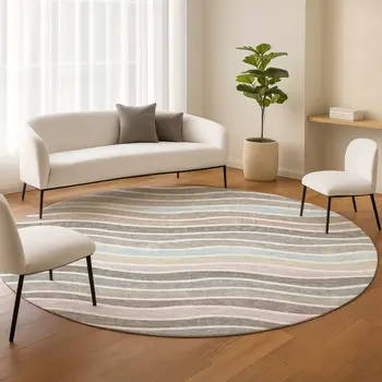 8' Tan Beige And Ivory Round Striped Washable Indoor Outdoor Area Rug