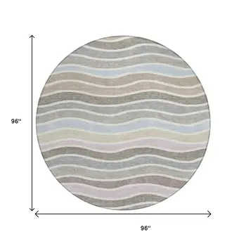 8' Tan Beige And Ivory Round Striped Washable Indoor Outdoor Area Rug