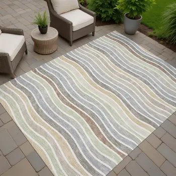 8' X 10' Taupe Ivory And Wheat Striped Washable Indoor Outdoor Area Rug