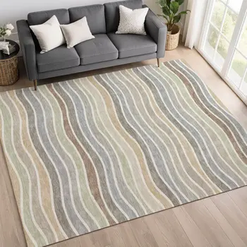 8' X 10' Taupe Ivory And Wheat Striped Washable Indoor Outdoor Area Rug