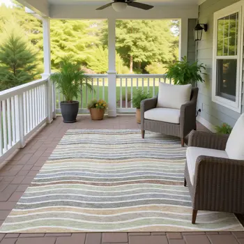 8' X 10' Taupe Ivory And Wheat Striped Washable Indoor Outdoor Area Rug