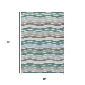 3' X 5' Teal Blue Khaki And Ivory Striped Washable Indoor Outdoor Area Rug