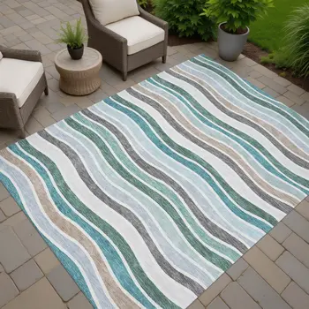 3' X 5' Teal Blue Khaki And Ivory Striped Washable Indoor Outdoor Area Rug