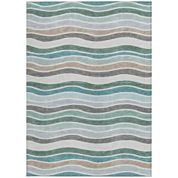3' X 5' Teal Blue Khaki And Ivory Striped Washable Indoor Outdoor Area Rug